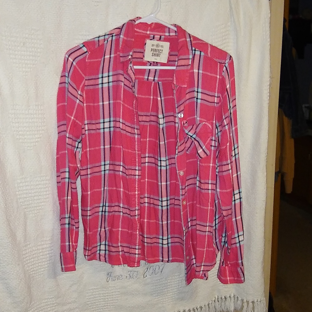 Junior girls plaid pink and mint green button down